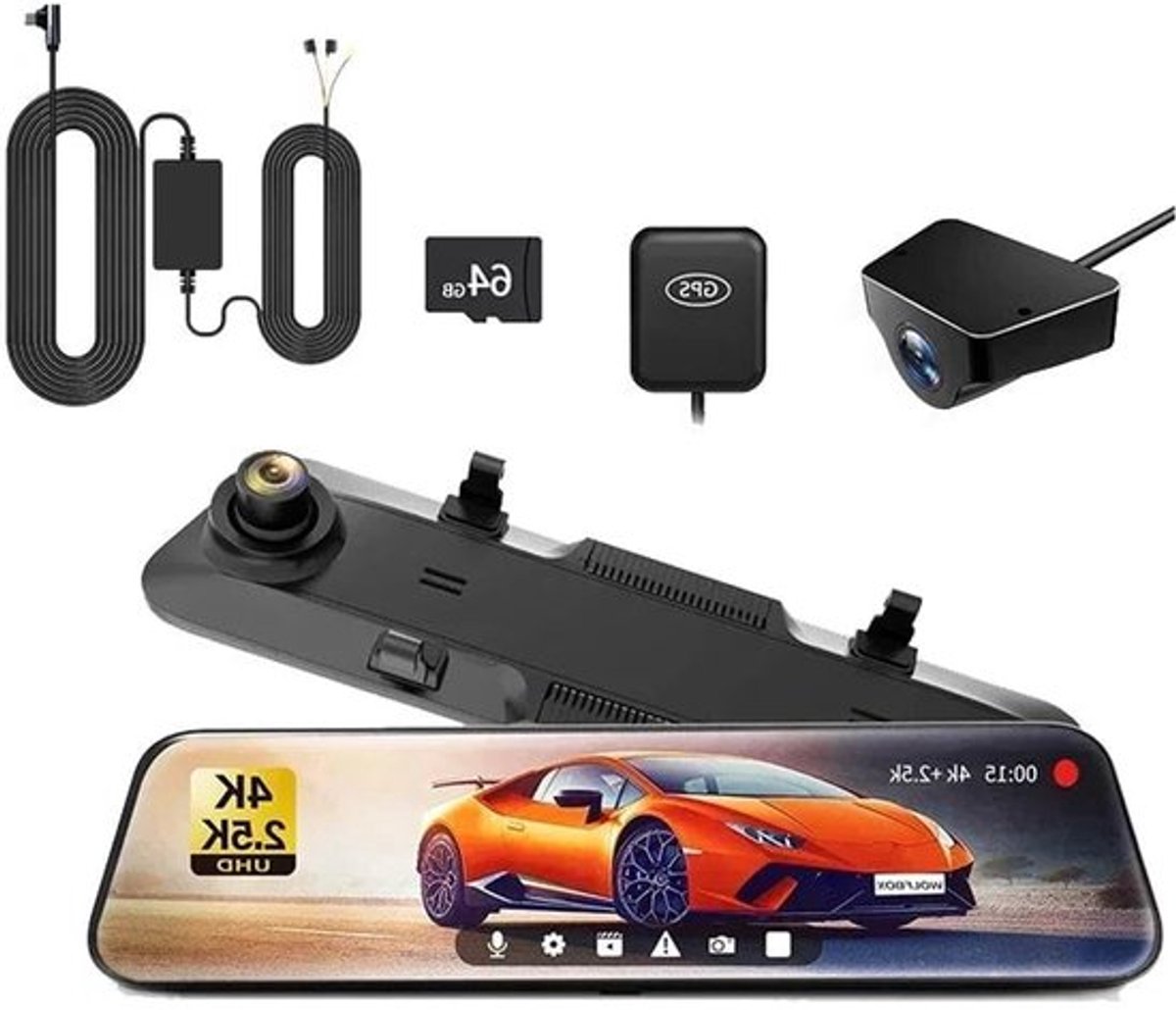 Dashcam Spiegel - Dashcam voor Auto – 12" - Touchscreen – 2.5K Achtercamera – GPS – Nachtzicht – Parkeermodus – WDR – 170° Groothoek - Hardwire-kit