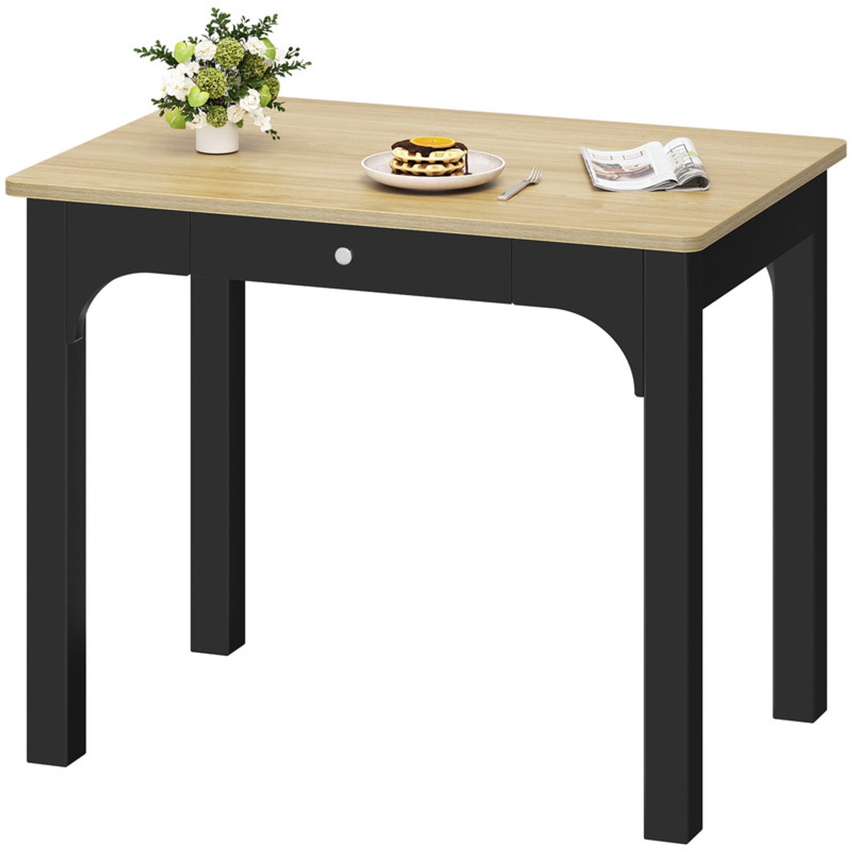 Hzuaneri Eettafel In Houtlook, Keukentafel Met Lades,50 x 80 x 75 cm,Zwart, Vierkant, Massief Houten Poten, Plaats Voor 4 Personen, Modern, Geschikt Voor Eetkamers, Keukens En Kleine Ruimtes