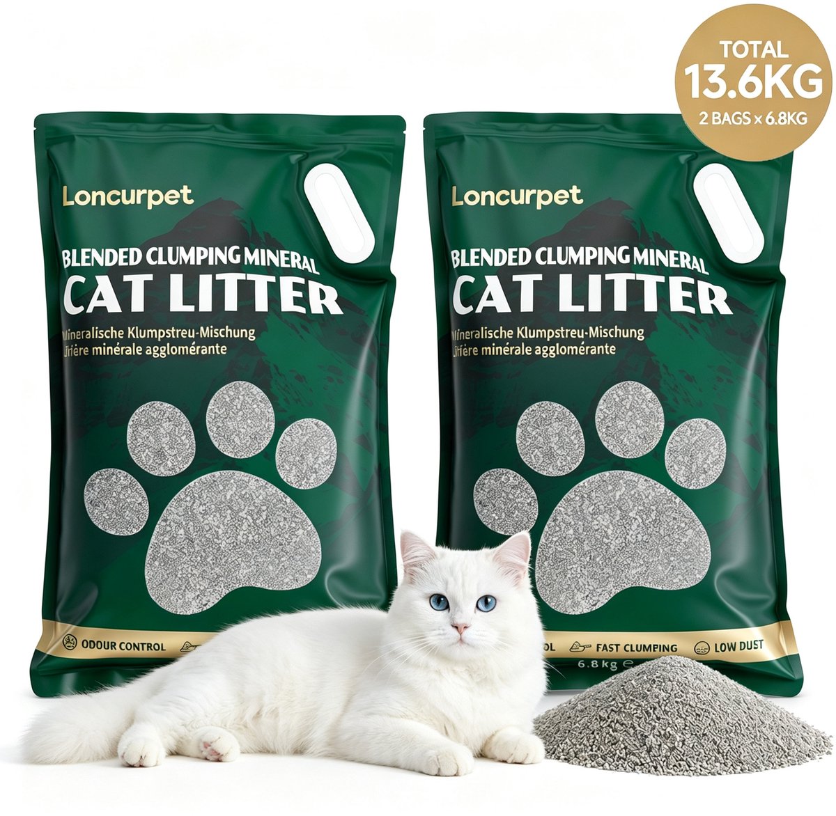 Loncurpet - Kattenbakvulling - Gemengd Kattenzand - 2 x 6,8kg - Premium Natuurlijk Ruw Erts - Stevige Klonten - Plakt Niet aan Bodem - Langdurige Geurneutralisatie