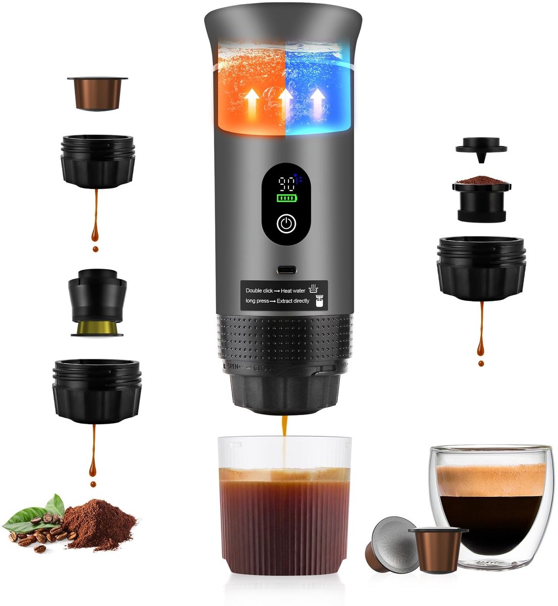 Elzusha - Draagbare Espressomachine 3-in-1 - 20 Bar Zelfverwarmend - Grijs