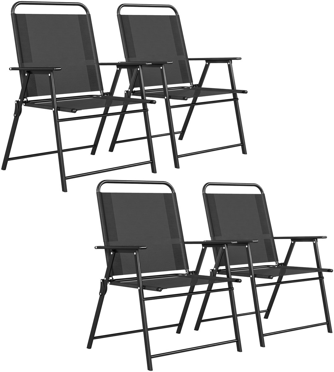 Set van 4 tuinstoelen, inklapbaar, klapstoel, hoge rugleuning, balkonstoel, terrasstoel met hoge rug- en armleuning, buitenstoel met een ruime zitting van textileen, zwart