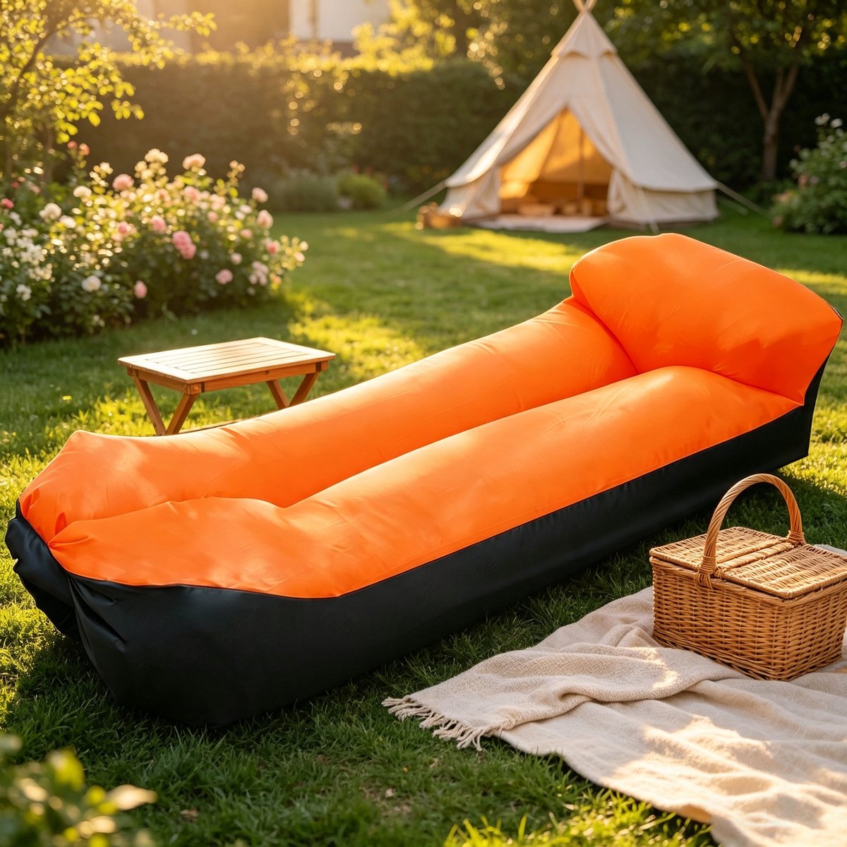 Oranje opblaasbare ligstoel luchtkussenbank met opbergtas en ingebouwd kussen Lichtgewicht en draagbaar geschikt voor strand kamperen picknicks en wandelen Afmetingen 220*70*60 cm