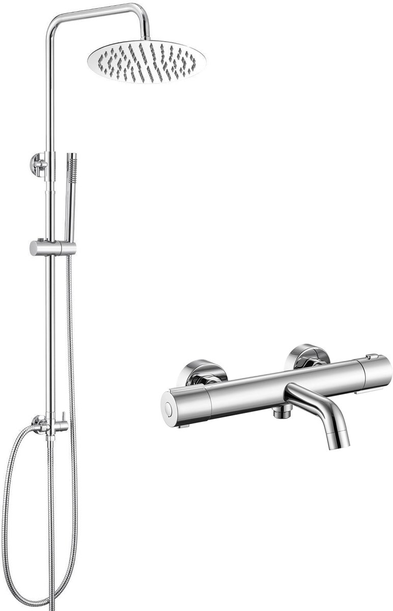 Auralum Max Regendouche Met Thermostaatkraan - RVS Doucheset - Inclusief Thermostatische Badkraan - 15 cm hartafstand - Rond Design - Douchesysteem - Hoogte Verstelbare 68-108 cm - Wandmontage - Chroom