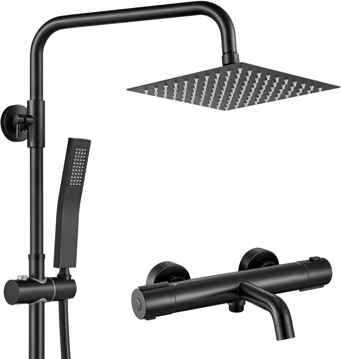 Auralum Max egendouche met Thermostaatkraan Badkraan - Compleet 3 Functies Doucheset - Met CoolTouch technologie - Vierkante Design - Verstelbare Hoogte 72-110 cm - Waterbesparend - Zwart