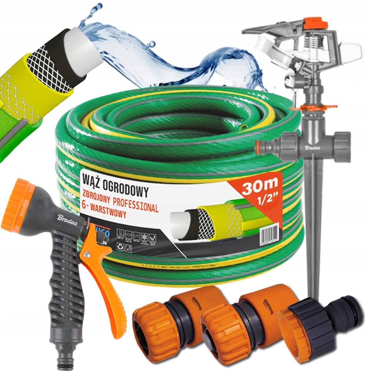 Tuinslang 1/2" 30m 6-laags met spuitpistool en sproeier