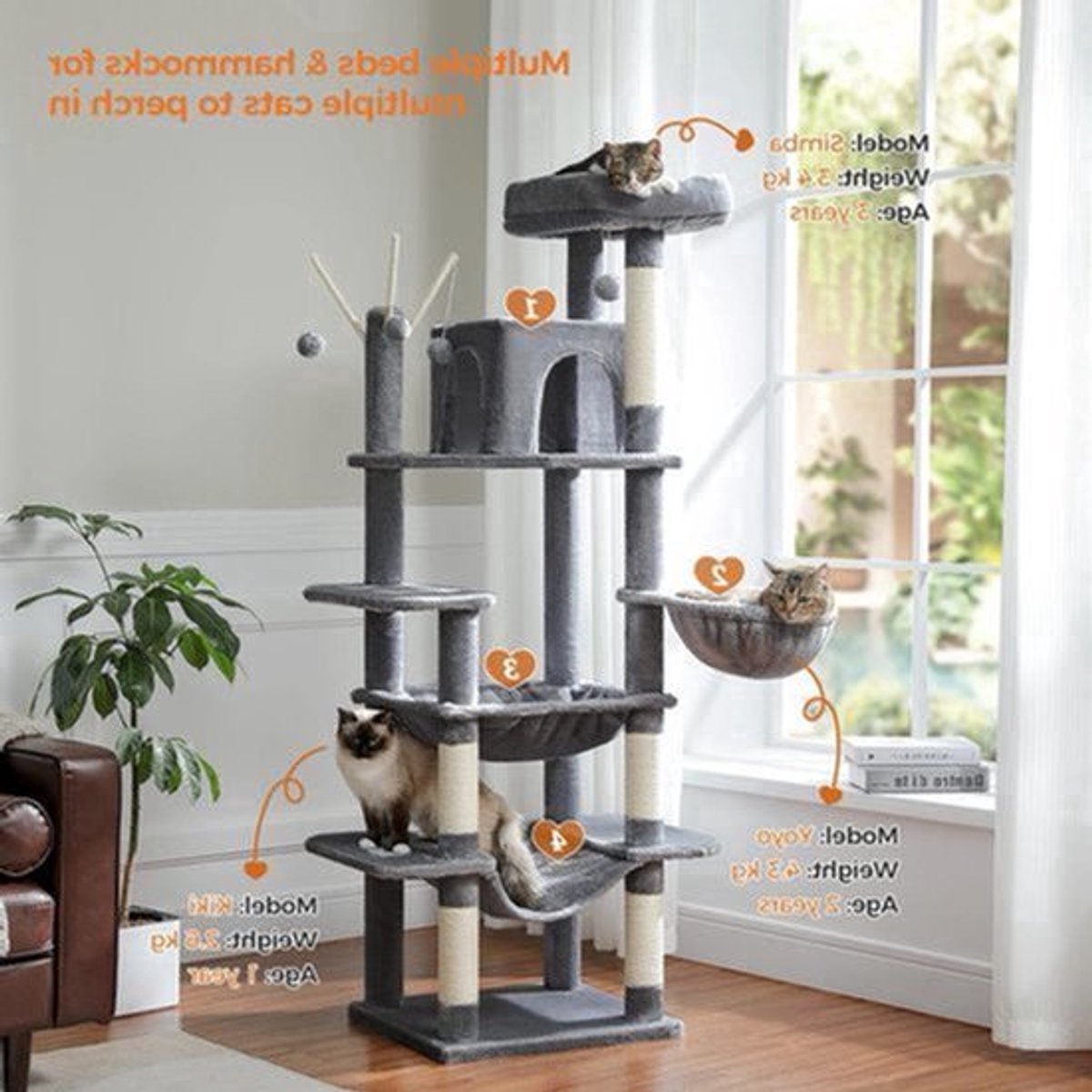 Kattenboom – Katten Klimmuur - Krabpaal - Kattenmeubel - met Hangmatten en Huisjes - 7-Laagse - 175cm - Sisal Krabpalen - Arbre a Chat - Donkergrijs