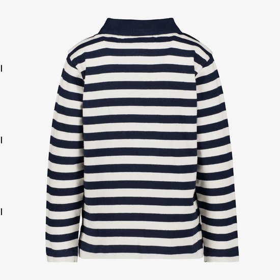 Navy en witte gestreepte polo met lange mouwen, de achterkant is effen gestreept.