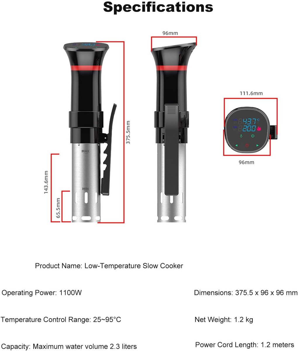 Sous-vide apparaat - 1000 watt dompelcirculator met voorgeprogrammeerde recepten, kalibratiefunctie, snelle opwarmtijd en timer voor nauwkeurig koken