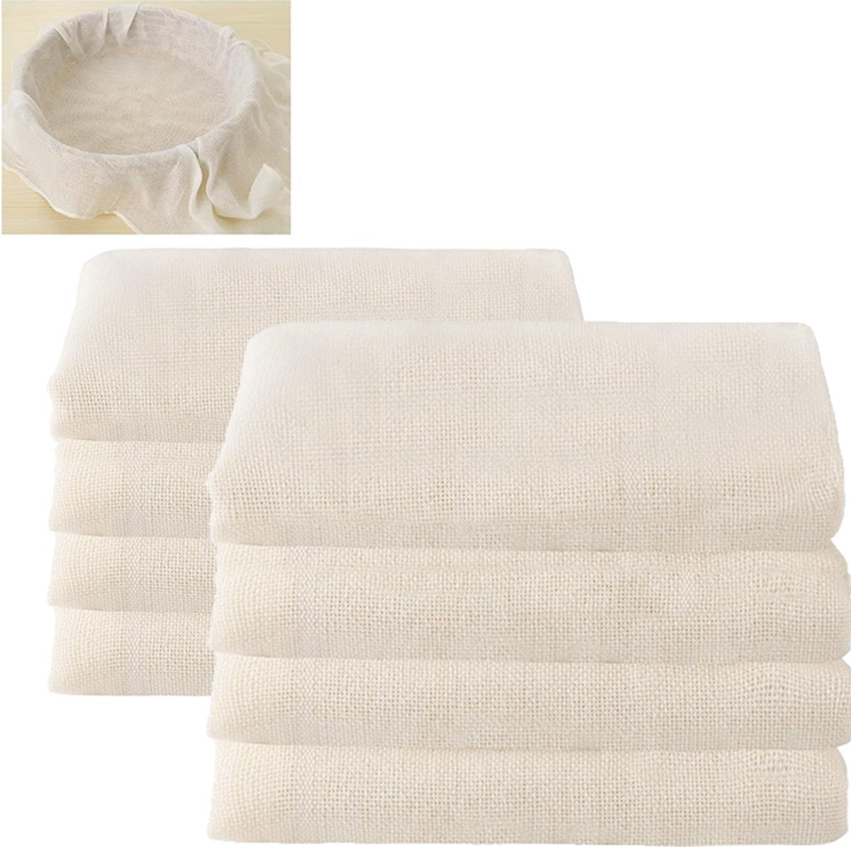 Set van 8 herbruikbare katoenen keukendoeken van 50 x 50 cm, gemaakt van gekamd katoen, ongebleekt en wasbaar. Geschikt voor het filteren van sappen, kaas, thee, groenten, melk, soep, yoghurt, of als stoommatje