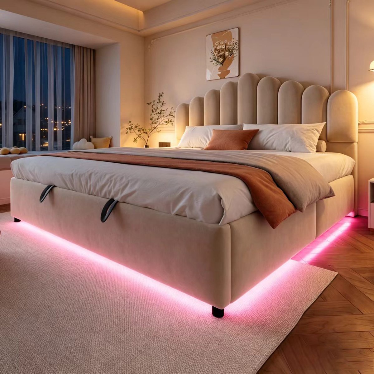 VVBV Tweepersoonsbed 180x200 cm - Hydraulische Opbergruimte, LED-Verlichting, Gestoffeerd Hoofdbord, Met Lattenbodem - Beige