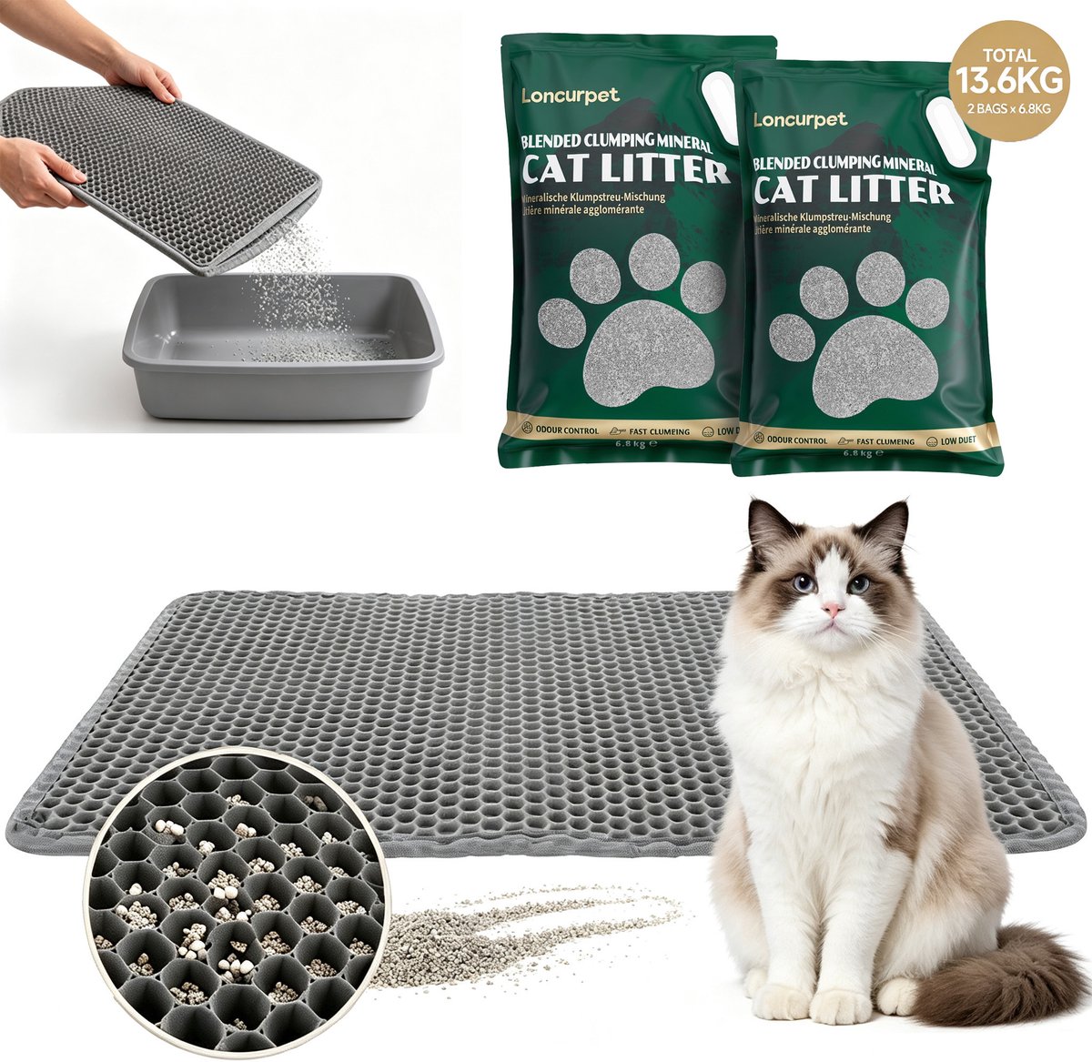 Loncurpet Kattenbakmat - Kattenbak mat Met Natuurlijk Ruw Erts Kattenbakvulling - 60x40cm - Kattenmat - Kattenbakvulling - Opvang ruimte - Grit opvanger - Waterdicht - Eco friendly - Antraciet