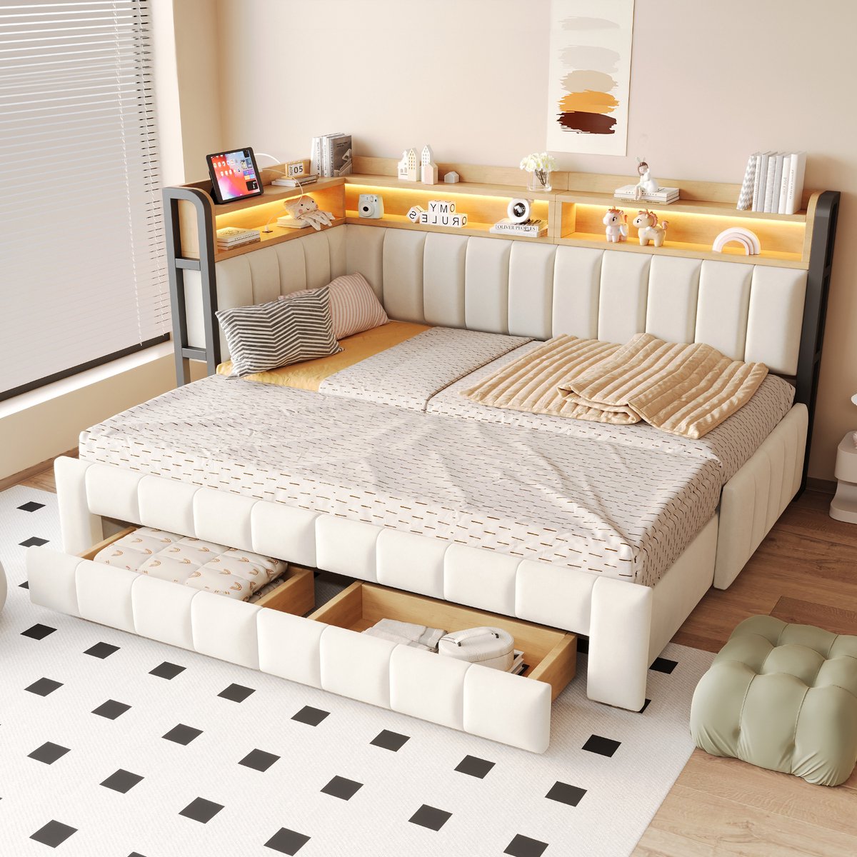 VVBV Bedbank 90/180x200 cm - Uitschuifbaar, USB & Type-C, Opbergruimte, LED-Verlichting - Beige, Fluweel
