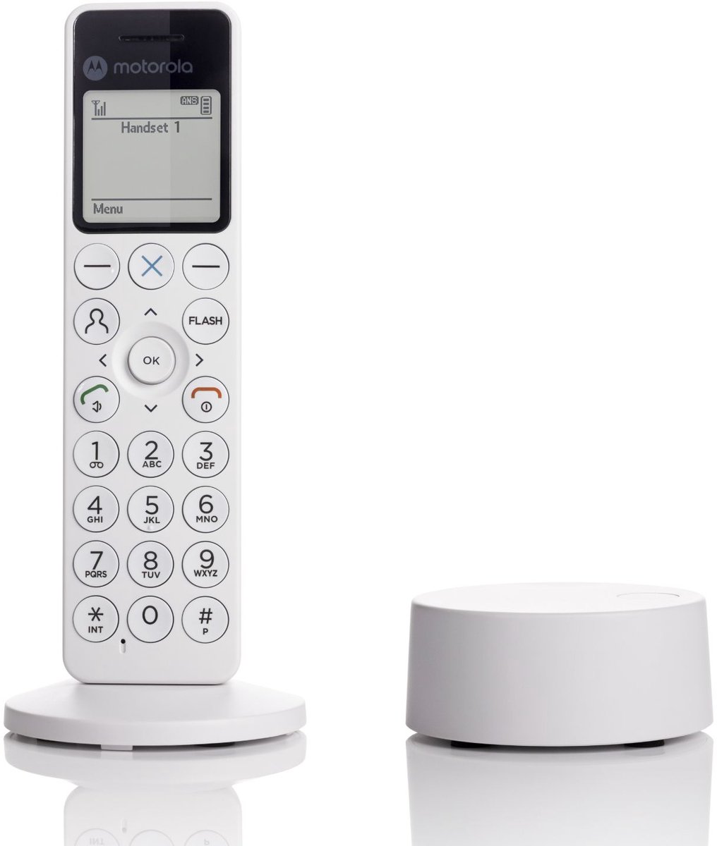 Motorola Voice DECT DOT4 digitale draadloze telefoon met antwoordapparaat, oproepblokkering, handsfree-functie, verlicht display en telefoonboek voor 200 contacten.