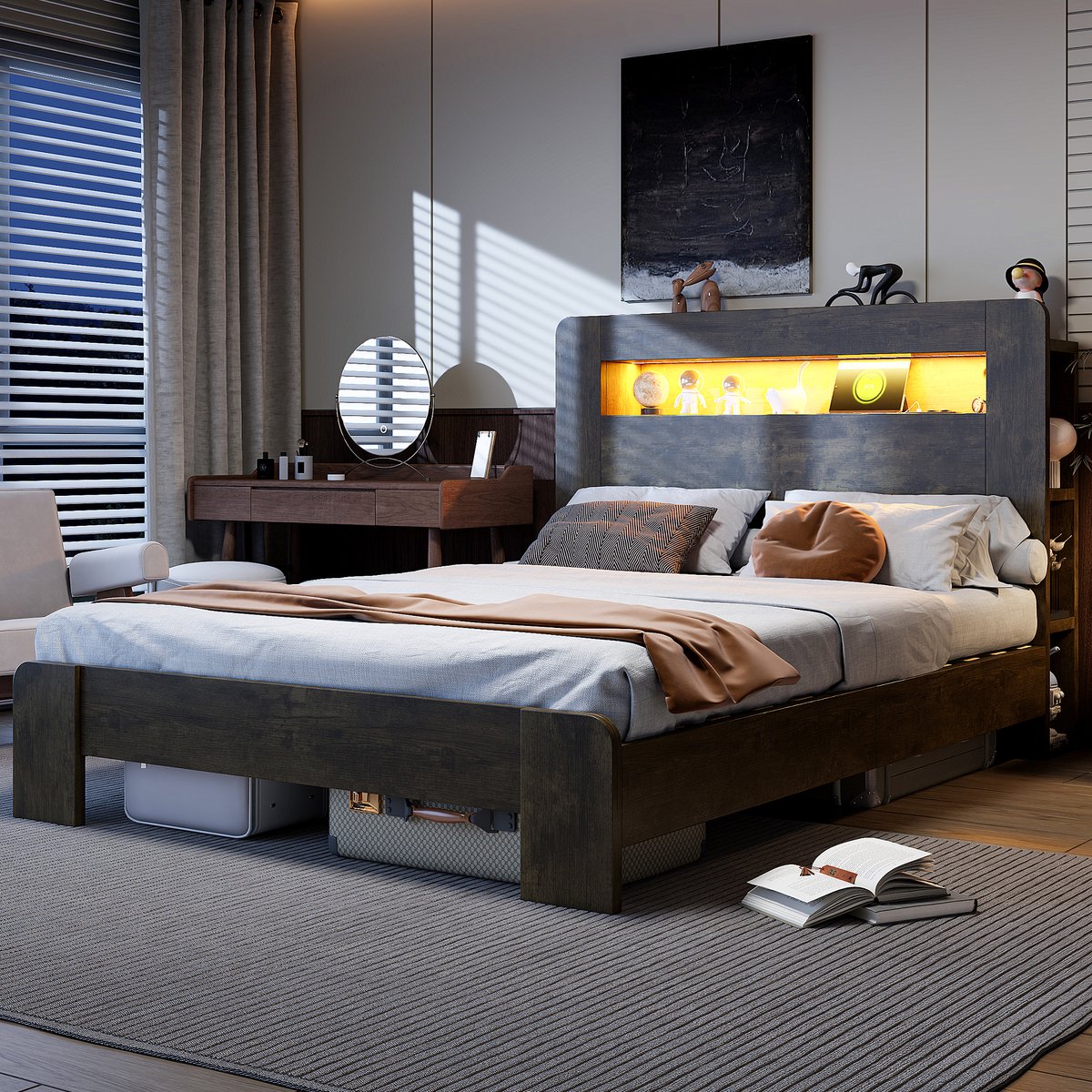 VVBV Tweepersoonsbed 140x200 cm - Opbergruimte, Stopcontact, LED-Verlichting, Ruimtebesparend - Houtkleur, Hout