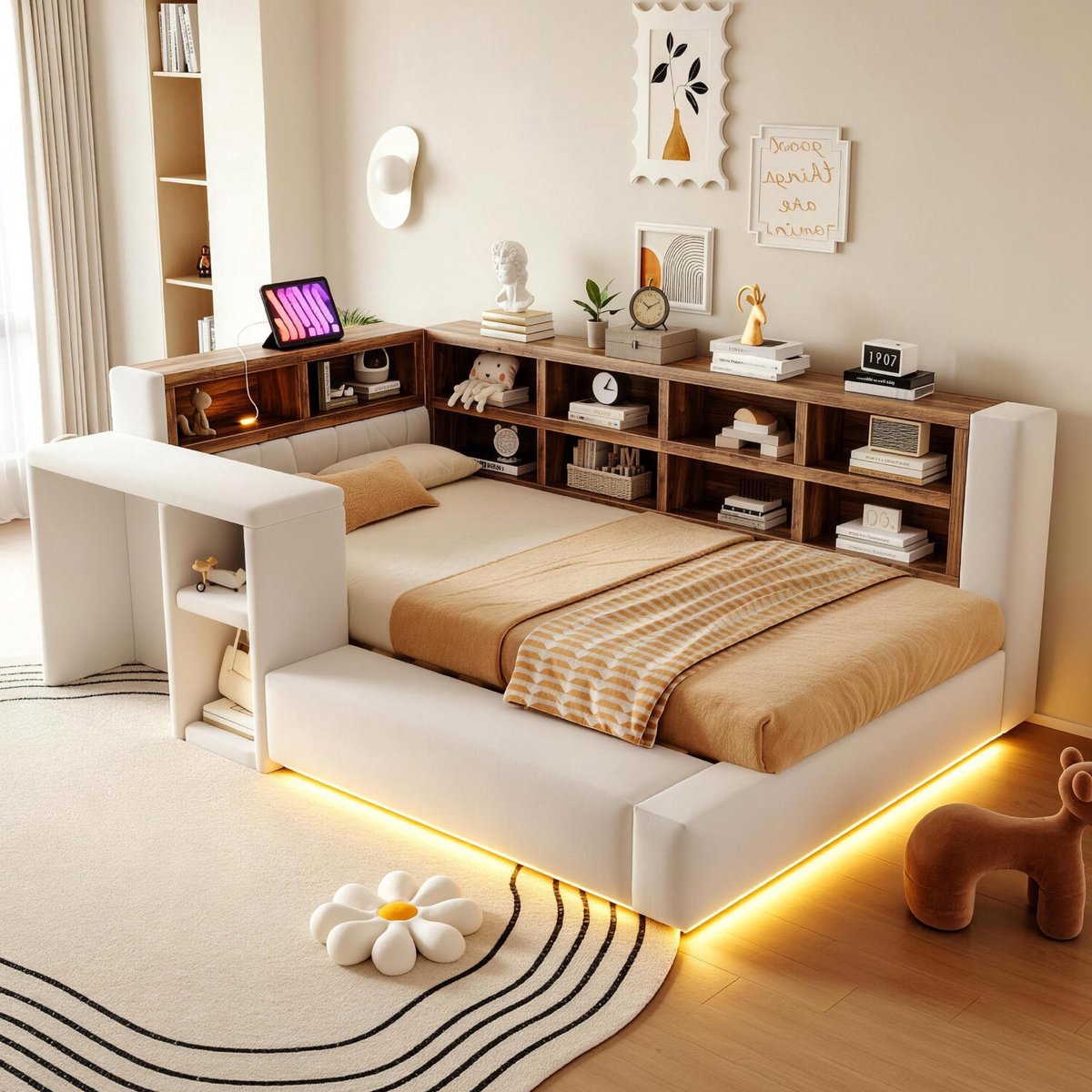 VVBV Eenpersoonsbed 90x200 cm - Met Bureau, Opbergruimte, Stopcontact, LED-Verlichting - Beige, Stof