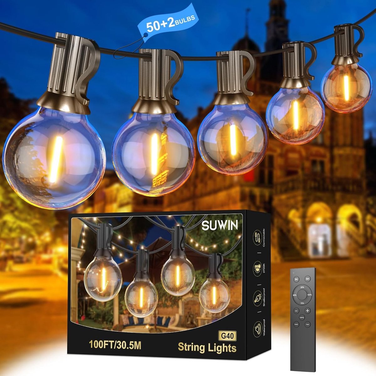 Tuinverlichting buiten lichtsnoern - Warm Wit - G40-100FT - LED Lichtketting met Afstandsbediening en Waterdichte Plastic Lampen - Voor Tuin en Terras