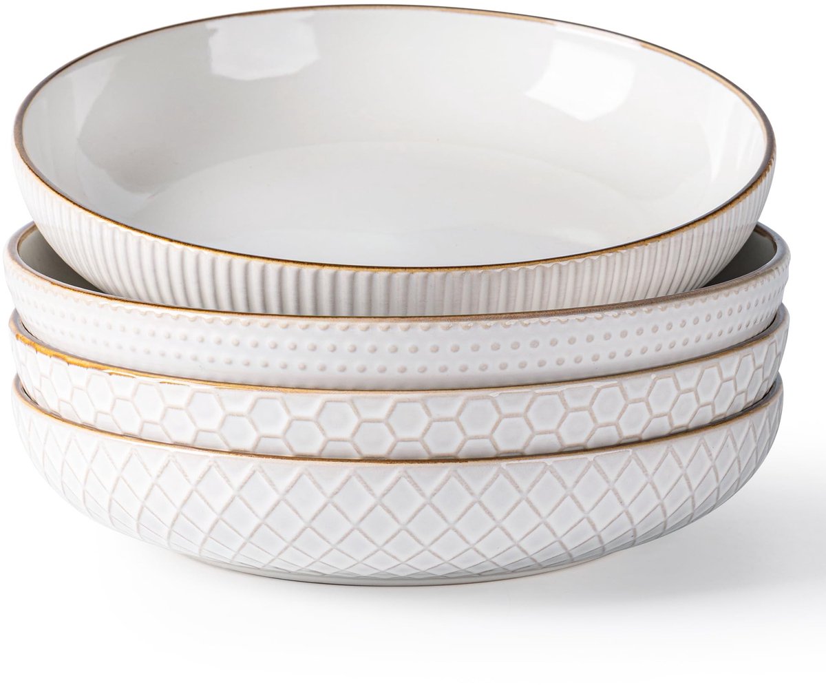 SolidKeus - Set van 4 Grote Keramische Pasta- en Saladeschalen, Vaatwasser en Magnetronbestendig