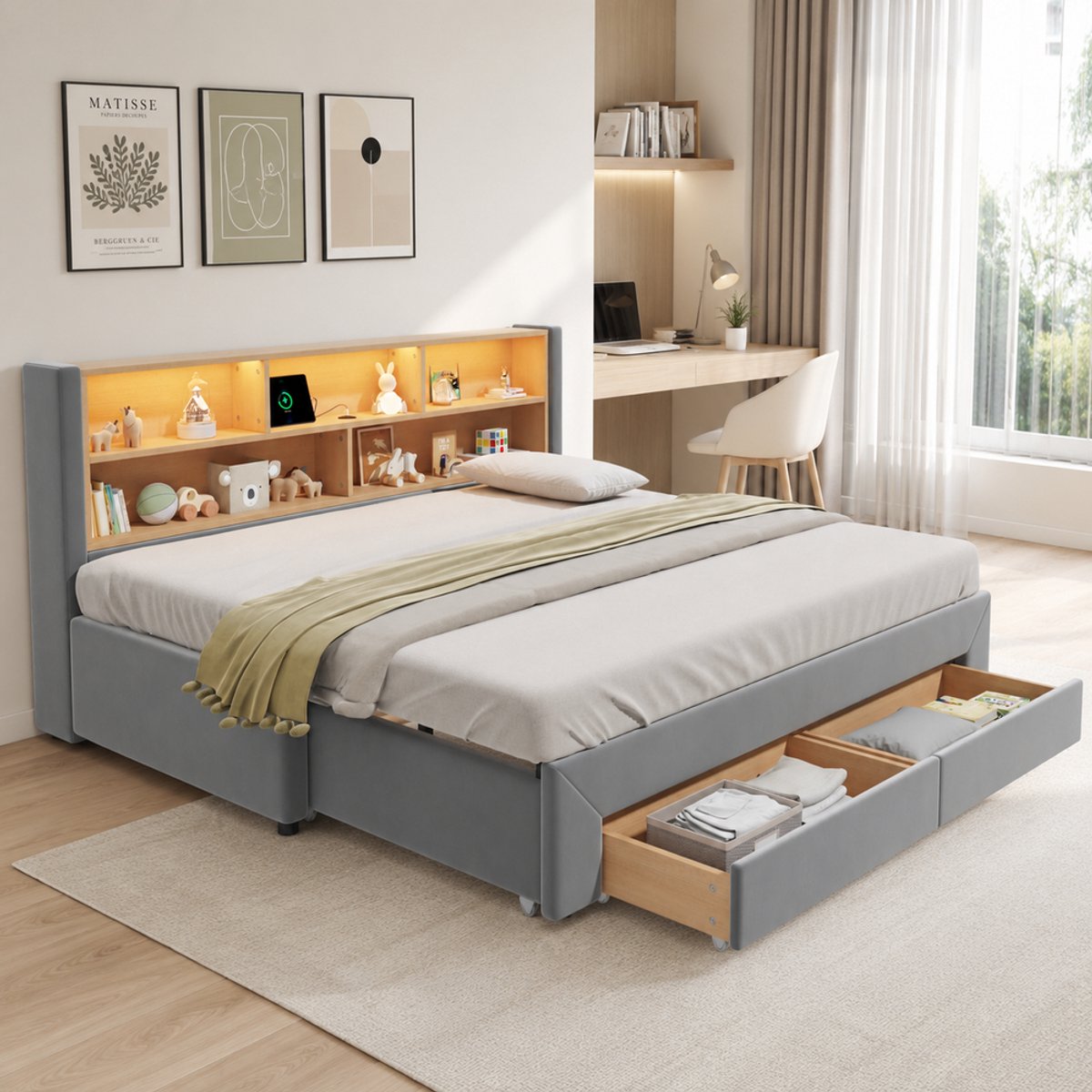 Pugsdrly Gestoffeerd bed, dagbed, slaapbank, met 2 lades voor opbergruimte, slaapbank, dagbed 90 x 200 cm, uitschuifbaar tot 180 cm, met USB-aansluiting en LED-verlichting, fluweel, grijs