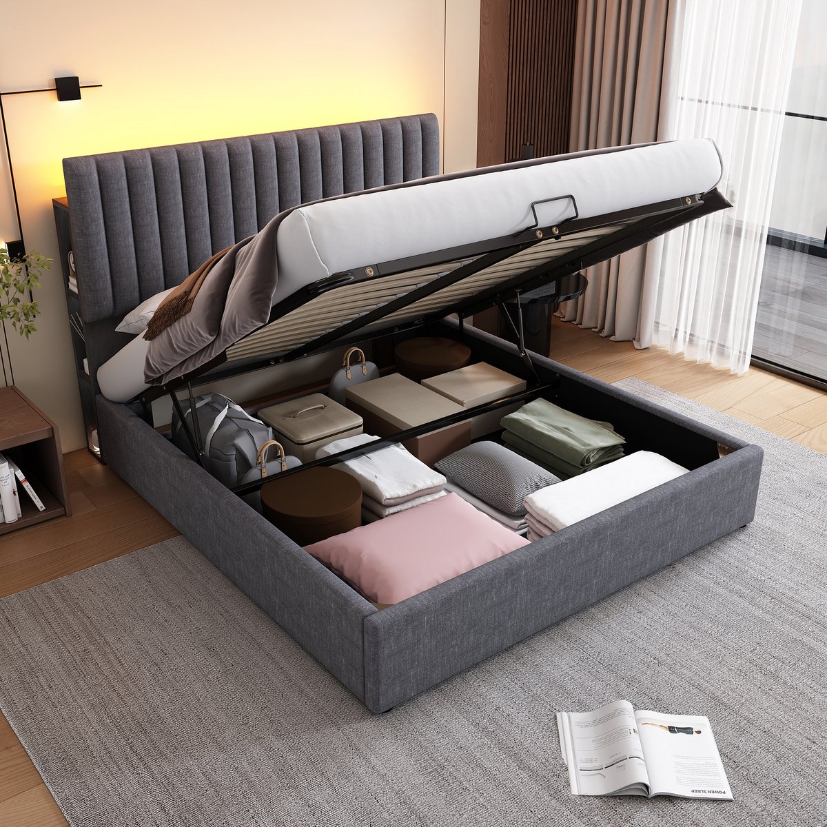 Gestoffeerd bedframe - voor matras 160 x 200 cm - grijs - met LED-verlichting en USB-aansluiting en opbergruimte en lattenbodem - voor de slaapkamer