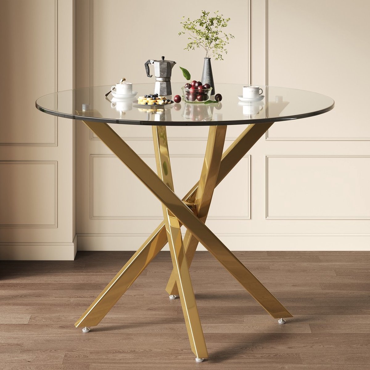 Pugsdrly Ronde eettafel, 80 x 80 x 75 cm, glazen blad, moderne stijl, vergulde poten, kan worden gebruikt als salontafel/bijzettafel, moderne minimalistische stijl, goud + glas