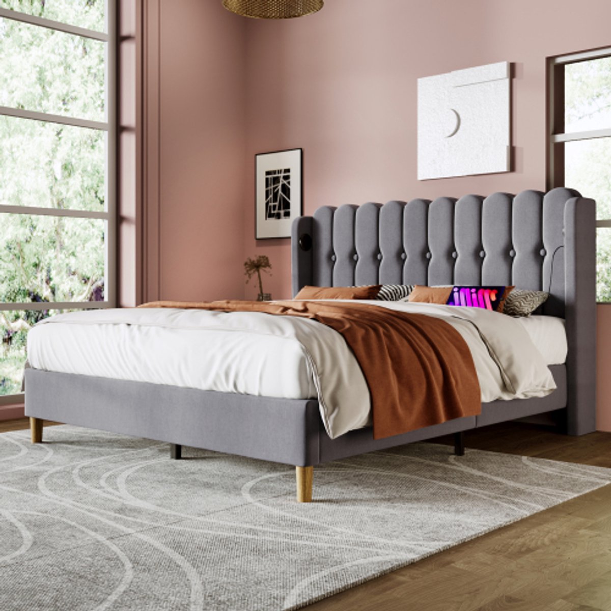 Gestoffeerd tweepersoonsbed 160 x 200 cm - USB-C, lattenbodem en linnen bekleding - Grijs-Matras niet inbegrepen