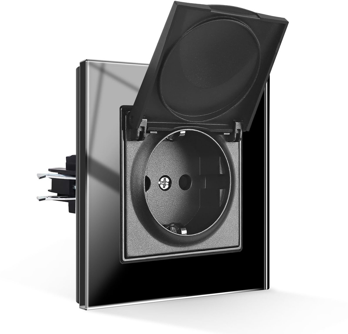 SolidKeus - Waterdichte Schuko Wandcontactdoos met Deksel, Zwart Glas