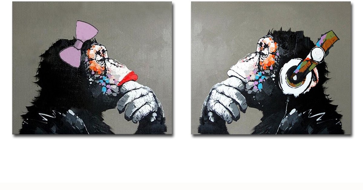 SolidKeus - Handgeschilderd Pop Art Schilderij van Gorilla Koppel voor Wanddecoratie
