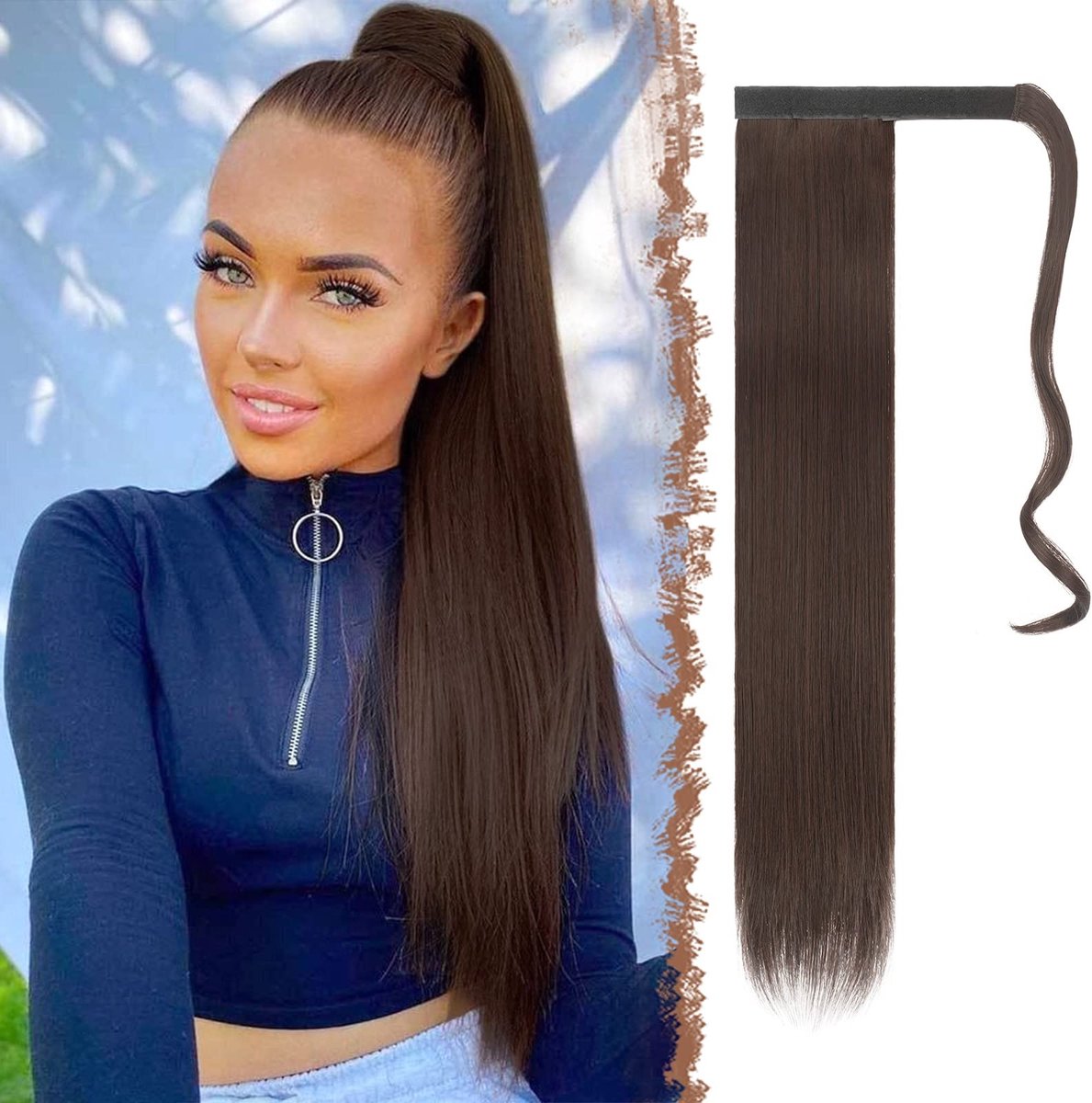 SolidKeus - Lange Rechte Wikkel Paardenstaart Extensions 60 cm Synthetisch Haar