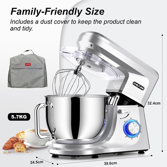 Keukenmachine - Deegkneedmachine Mixer - Bakken en Mixen - Krachtige Kneedfunctie - 7.2 Liter Kom - Zilver — afbeelding 3