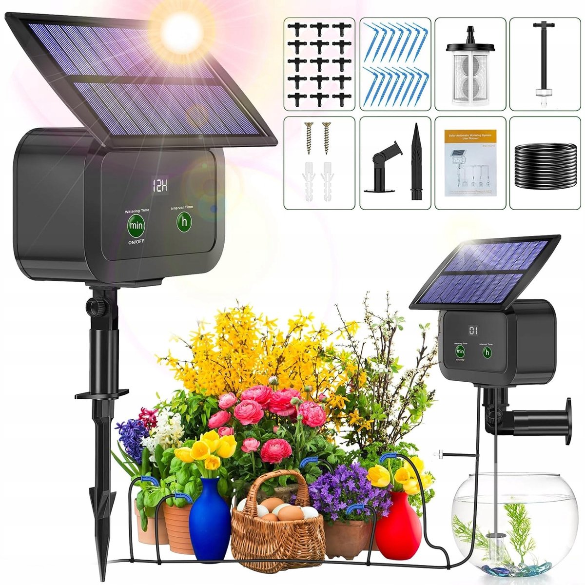 Automatische Bewateringssysteem - Zonne-energie Irrigatiesysteem - LCD Timer & Paneel & 10m Slang - 400ml/min - IP66 Waterdicht - Druppelirrigatiesysteem - Voor Balkon en Tuin - Vakantie