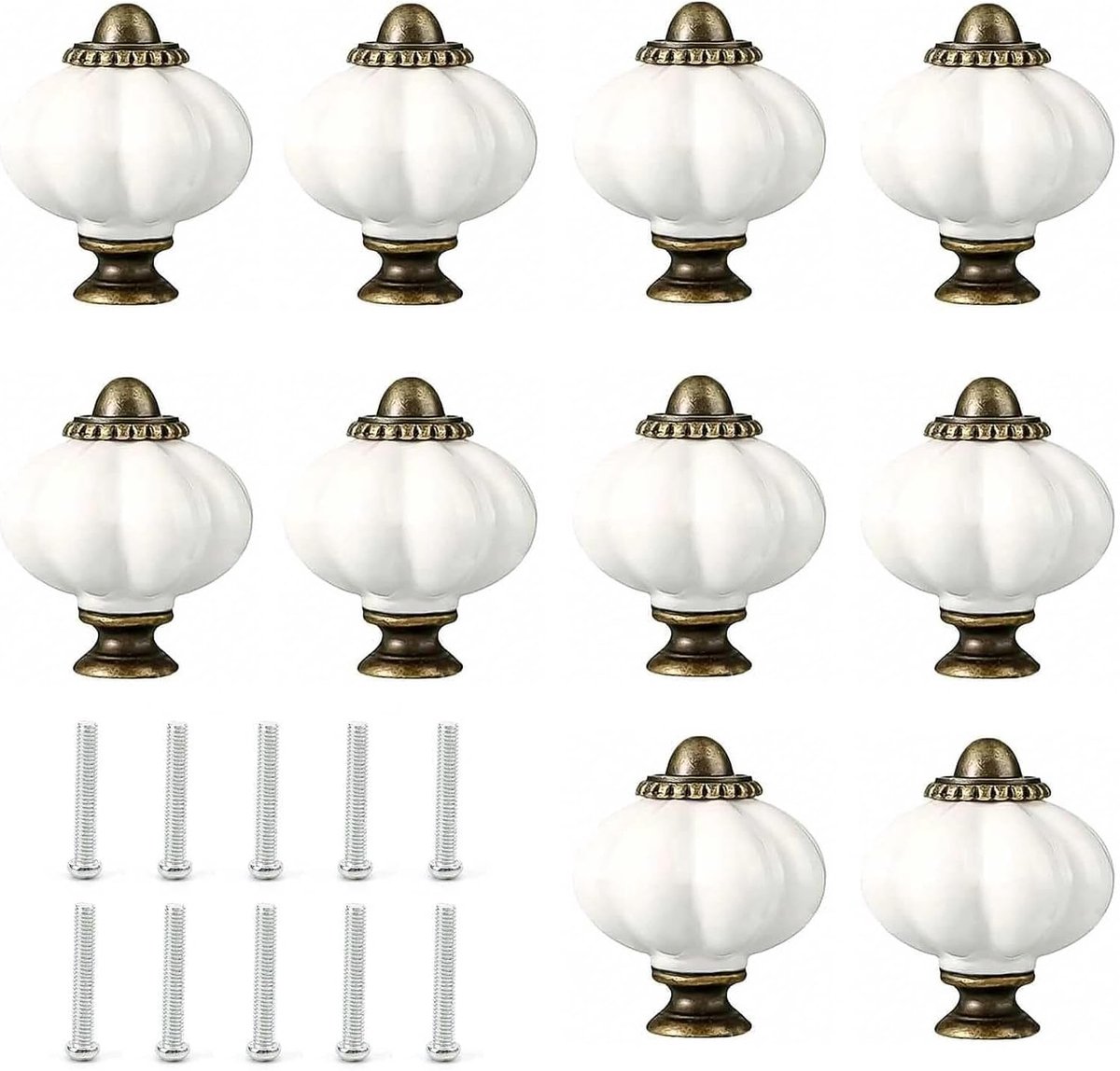 10 stuks vintage keramische knoppen, wit pompoen-design, ladeknoppen voor kast en commode, decoratieve meubelgrepen (wit)