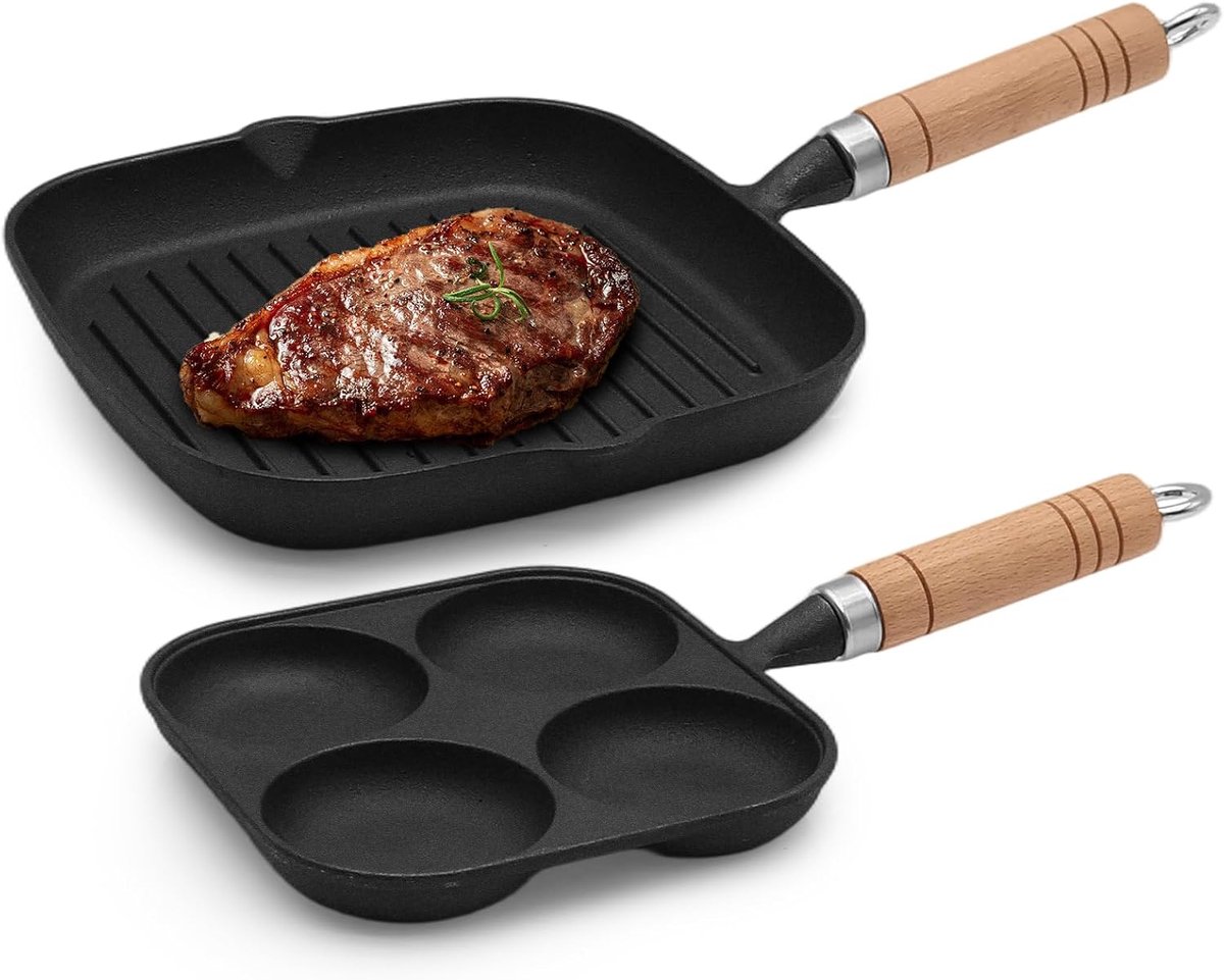 Set van 2 gietijzeren pannen – pan met 4 gaten 18 x 18 cm & grillpan 23 × 23 cm – natuurlijke antiaanbaklaag, gelijkmatige warmte – ideaal voor eieren, pannenkoeken, pannenkoeken, steaks en groenten