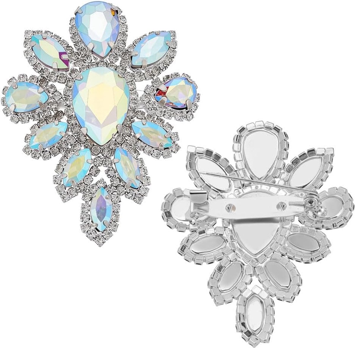 2 Stuks Glazen Strass Broche 45x57 mm Van Zilverlegering in Bloemvorm Met Transparante Strass Steentjes Elegante en Blingbling Broche Voor Damesjassen Sjaals en Hoeden