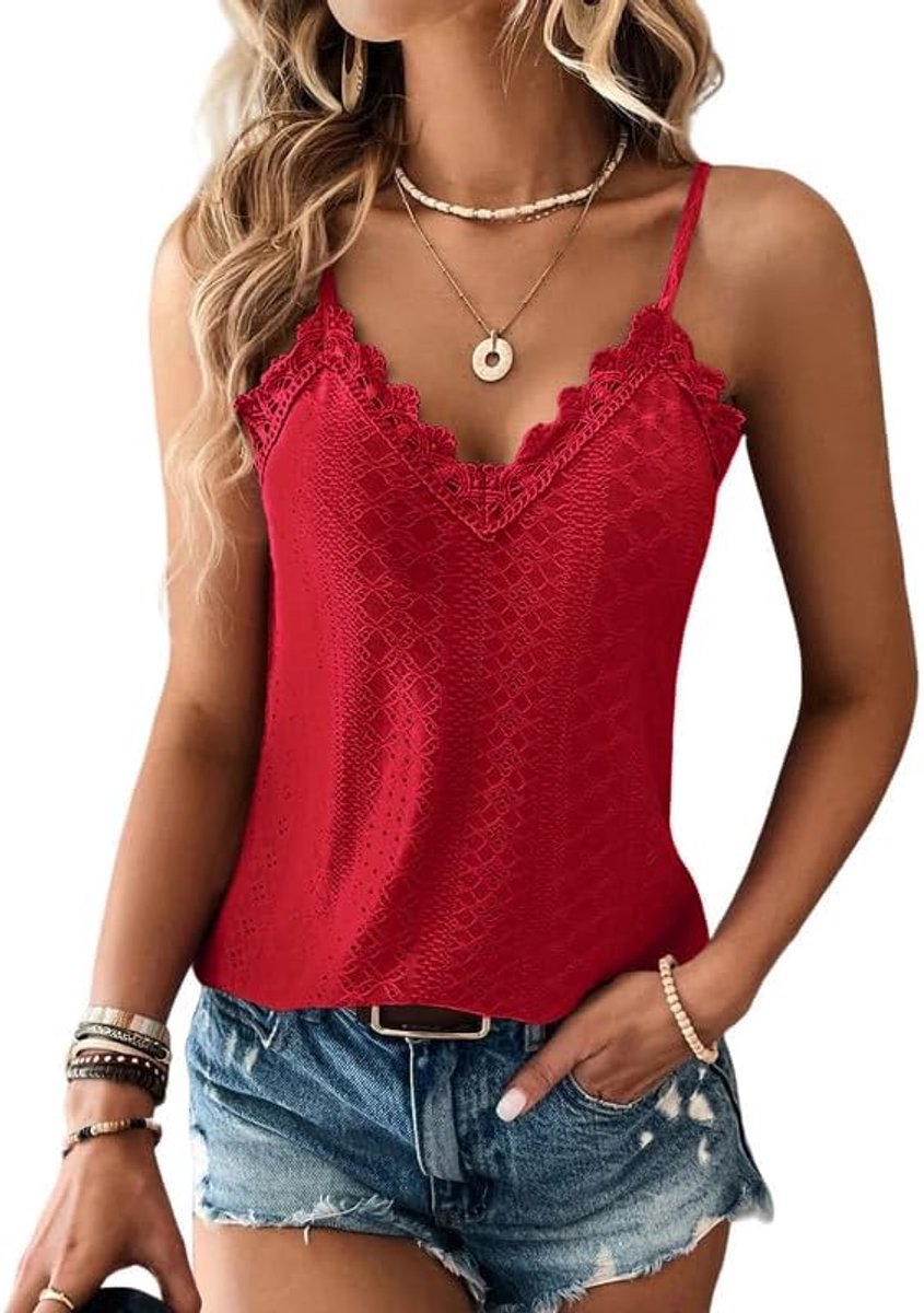 Vest Tops Dames Kanten Rand V-hals Dames Zomertops Tanktops Mouwloze Spaghettibandjes Cami Top Eyelet Borduursel Camisole Losvallende Blouse Shirt