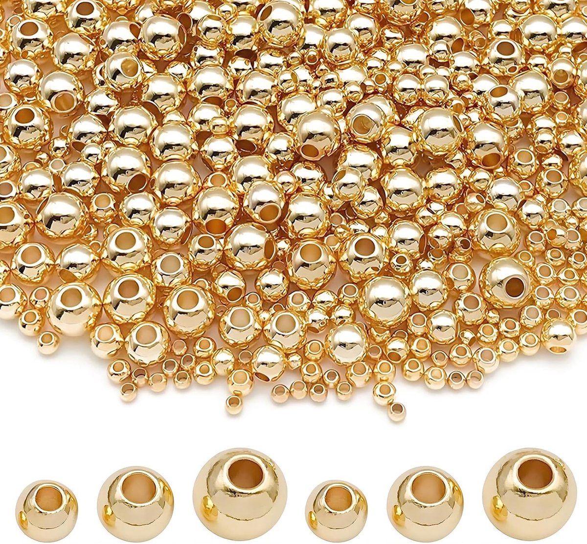 Kralen, tussenstukjes, rond, diverse maten (4 mm, 6 mm, 8 mm), vergulde set met tussenstukjes voor armbanden, kettingen, zelfgemaakte sieraden, knutselen, goudkleurig plastic