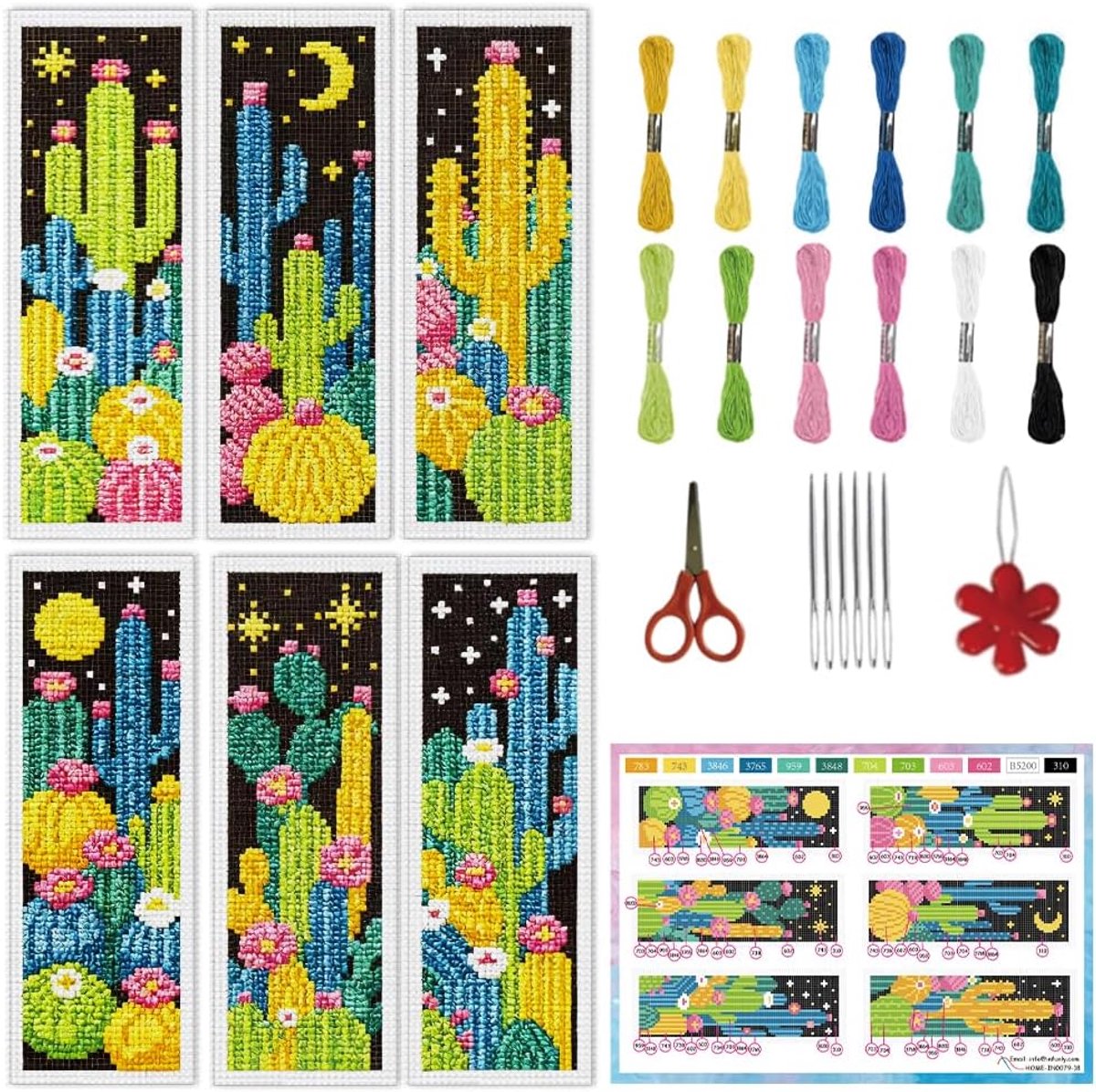6 stuks donkere cactus kruissteek bladwijzer kit voor beginners DIY cactus grove borduurwerk bladwijzer kits nacht planten naaldpunt kit met instructie eenvoudige kruissteek set voor