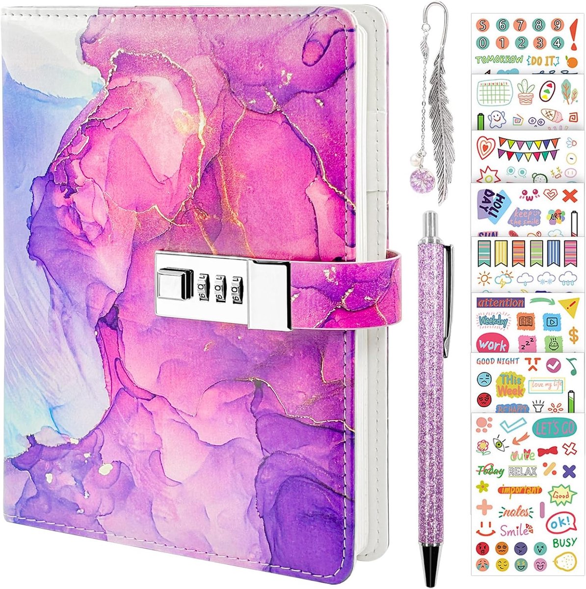 Dagboek voor Meisjes en Vrouwen | A5 Privé Notitieboek met Cijferslot, Idee Cadeauset met Pen & Stickers en Boekenlegger, Paars PU-lederen (172 pagina's)