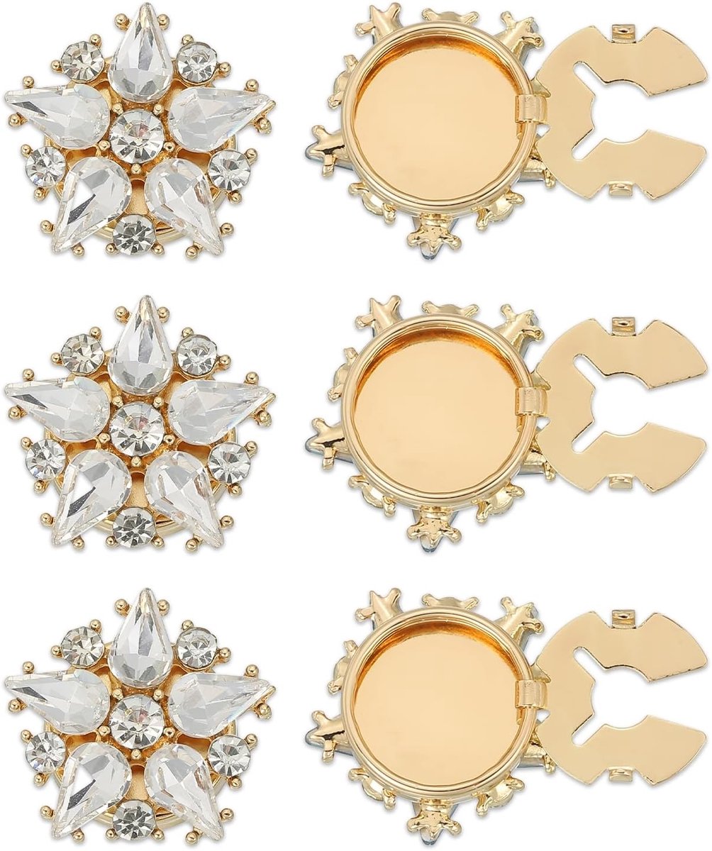 Knopen Cover, 6 stuks ster bloemen kristal naaien clip mouw knop cover manchetknoop versieringen voor vrouwen mannen bruiloft shirt kleding decoratie, wit (goudkleur)