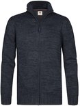 Donkerblauw gemêleerd gebreid vest met ritssluiting en opstaande kraag, van voren gezien, open.