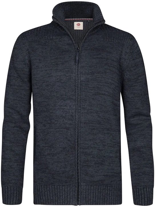 Donkerblauw gemêleerd gebreid vest met ritssluiting en opstaande kraag, van voren gezien, open.