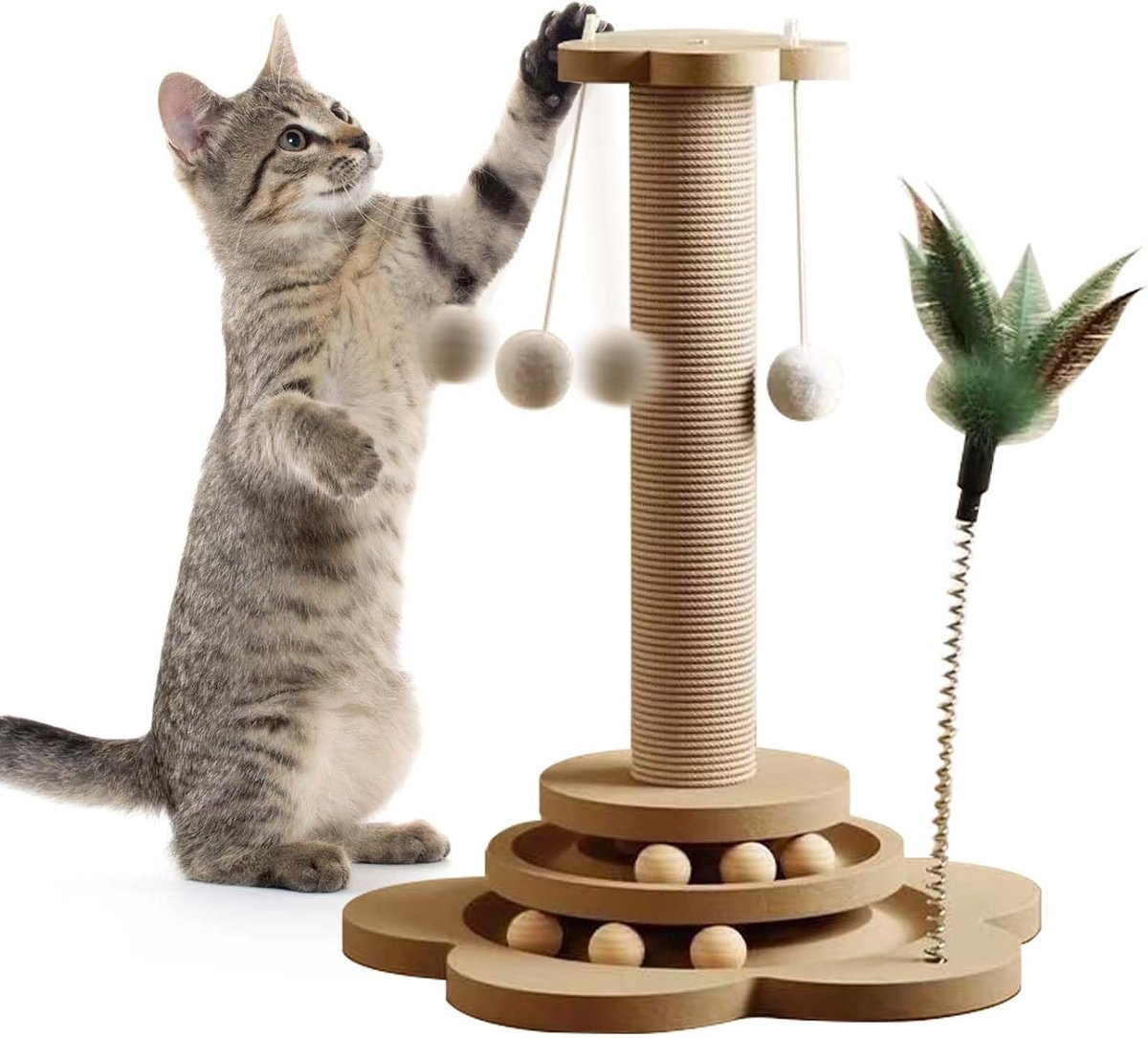 4-in-1 houten kattenrolspeelgoed 2-laags draaitafel interactief houten kattenrolspeelgoed met veren en kattenmuntballen, 40 cm kattenkrabpaal van sisal touw met hangende bal (Groot)