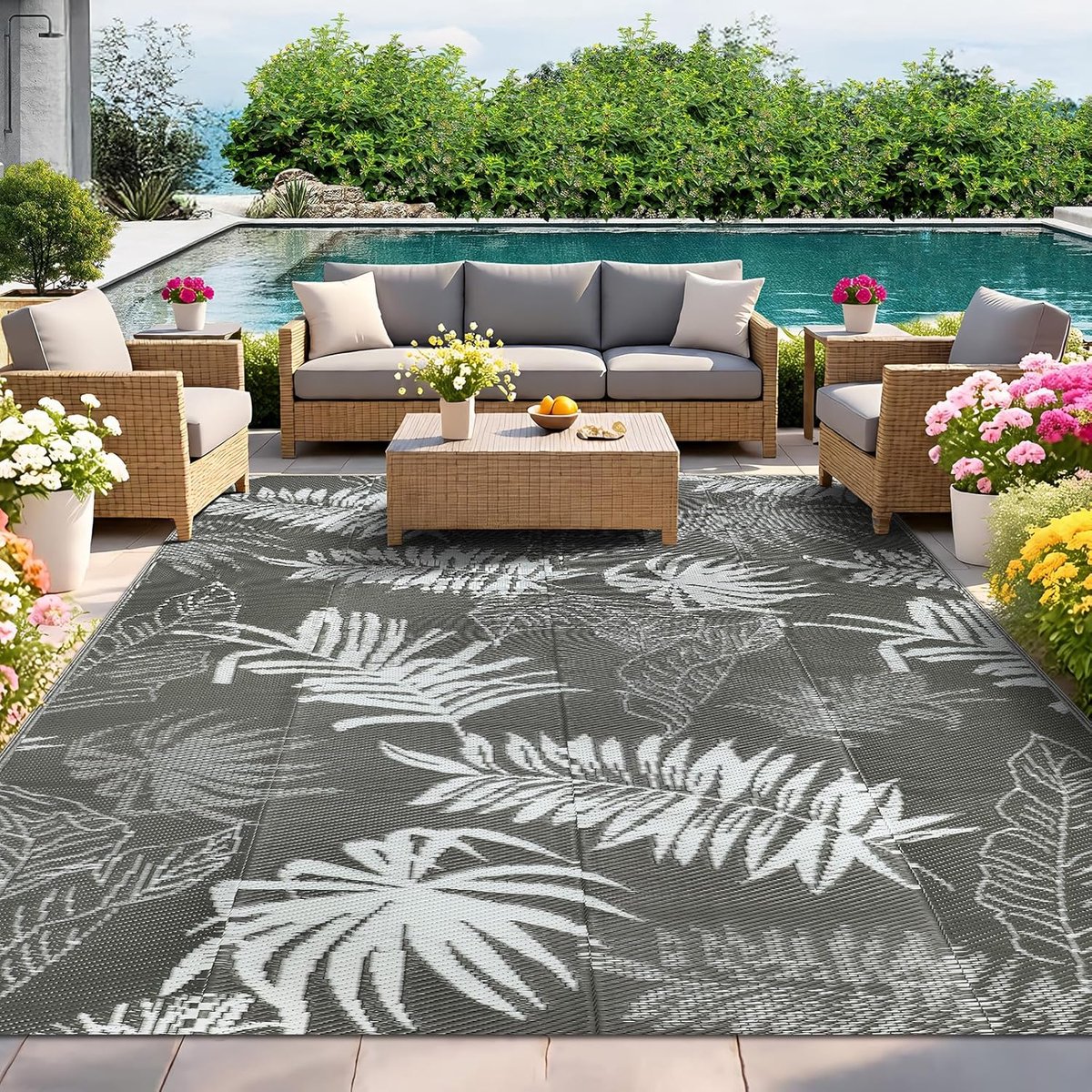 Buitentapijt 270x365cm Omkeerbaar groot buitentapijt voor terras Waterdicht, plastic rieten tapijt Draagbare tuintapijt voor achtertuin RV balkon dek picknick camping