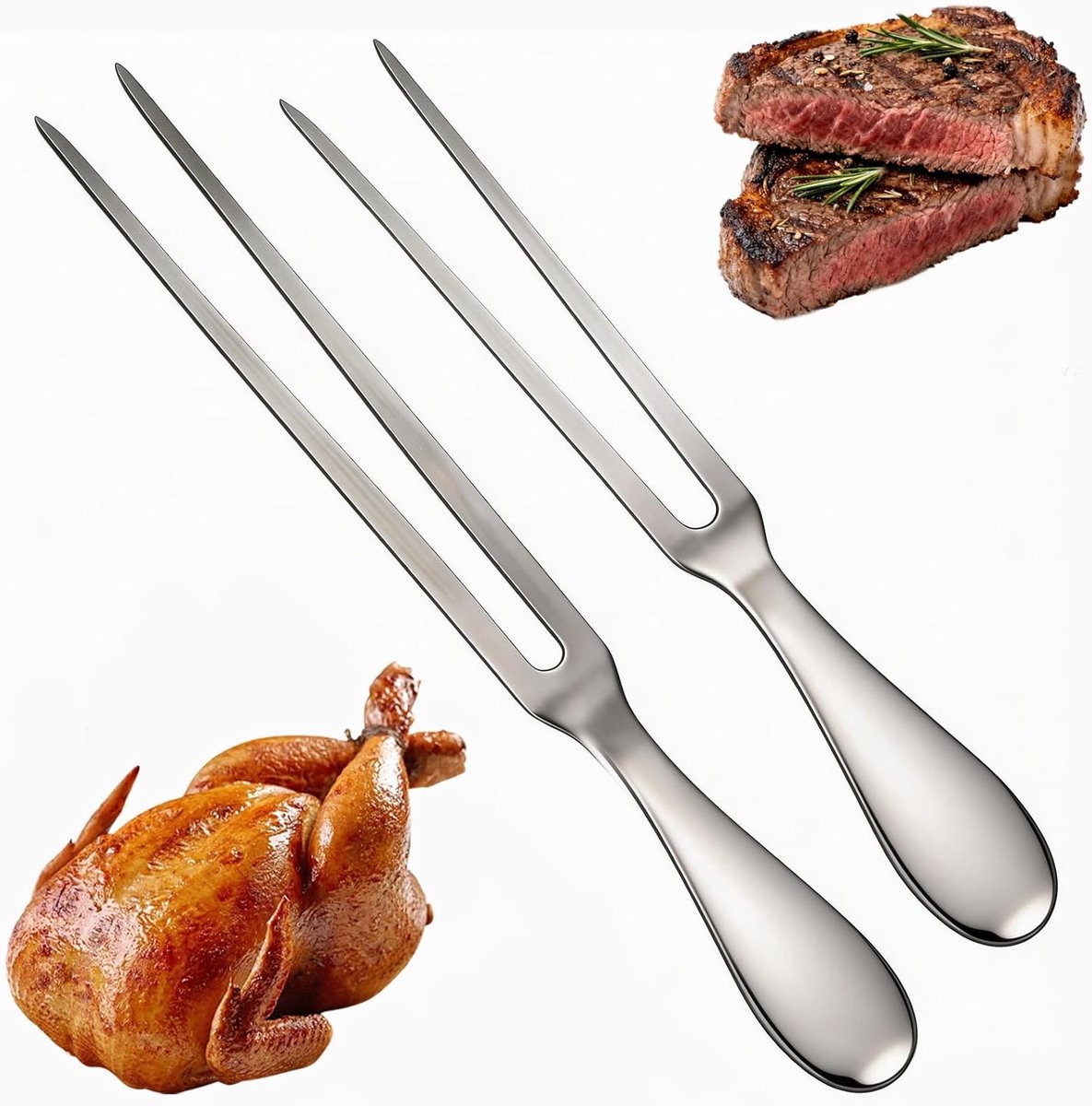 Vleesvorken, roestvrij staal, 26,5 cm en 30,5 cm, roestvrij stalen grillvork, braadvork, vleesvork, U-vormig, met handvat, geschikt voor grillen, steak, kalkoen, keuken, feest, camping