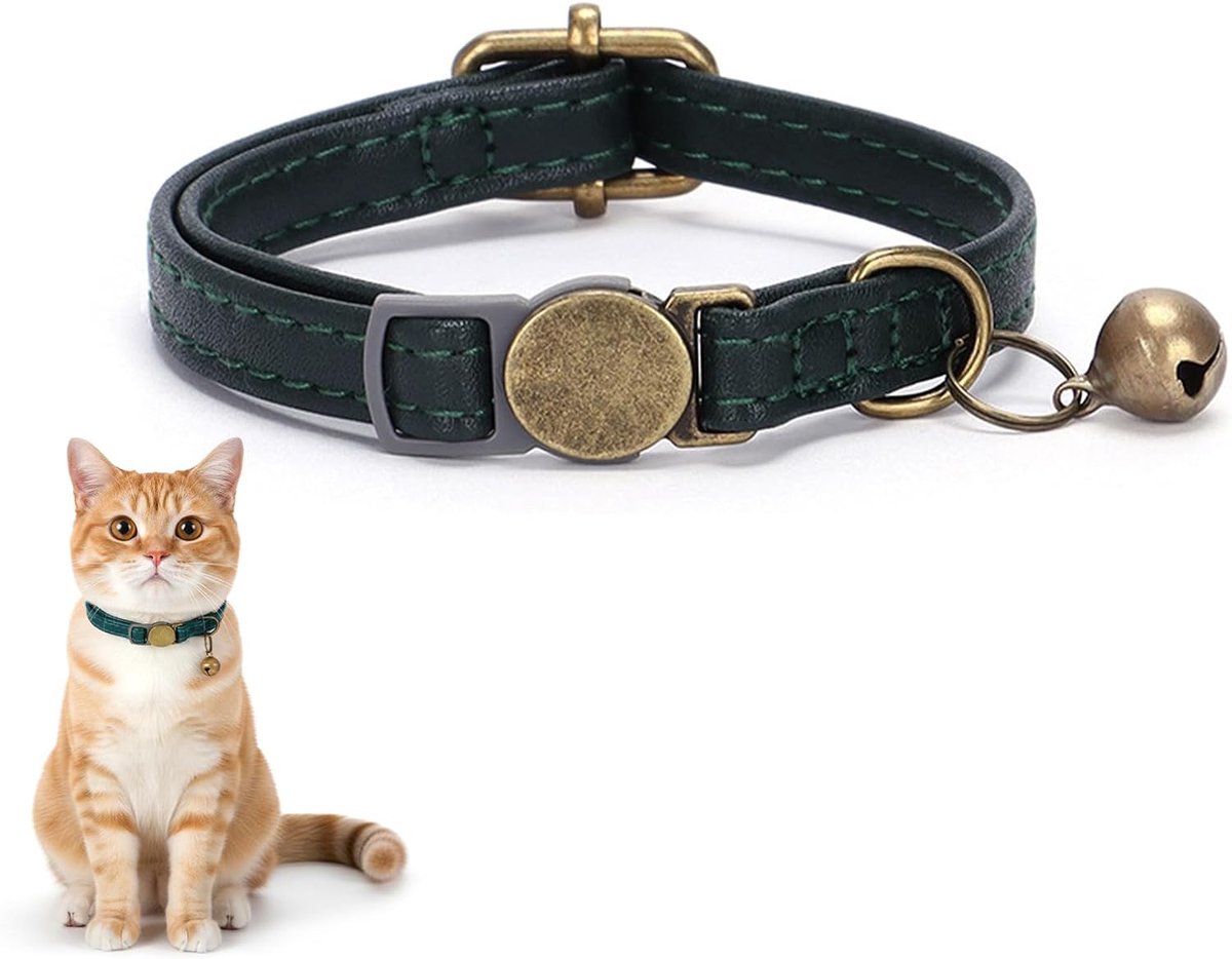 Kattenhalsband van zacht leer, verstelbaar met veiligheidsluiting, schattig donkergroen halsband voor katten en kitten, duurzaam met retrobel