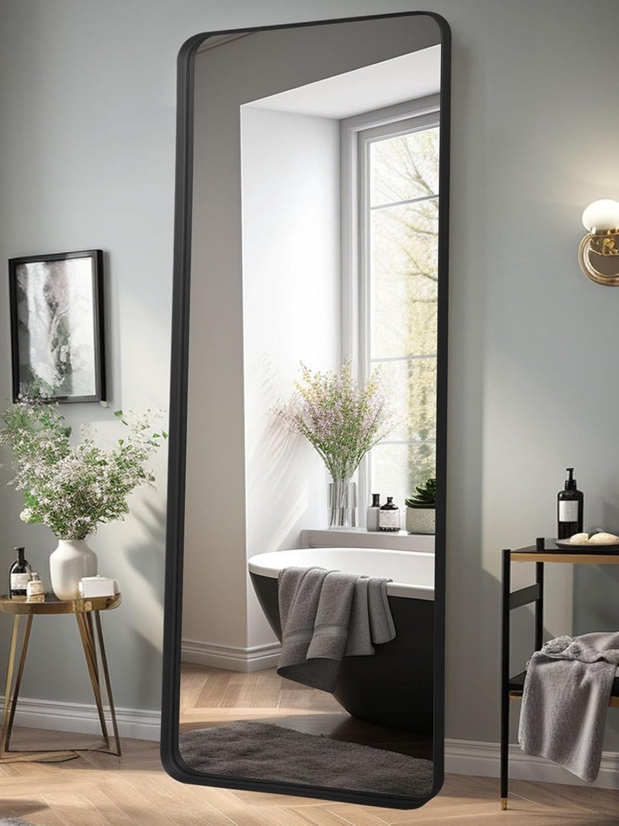 Vloerspiegel 52x161 CM Wandgemonteerde Volledige Lengte Stijlvolle Zwarte Muurdecoratie Rechthoek Volledige Lichaam Kleedspiegel Hangende Wandspiegel voor Gang Entree Slaapkamer