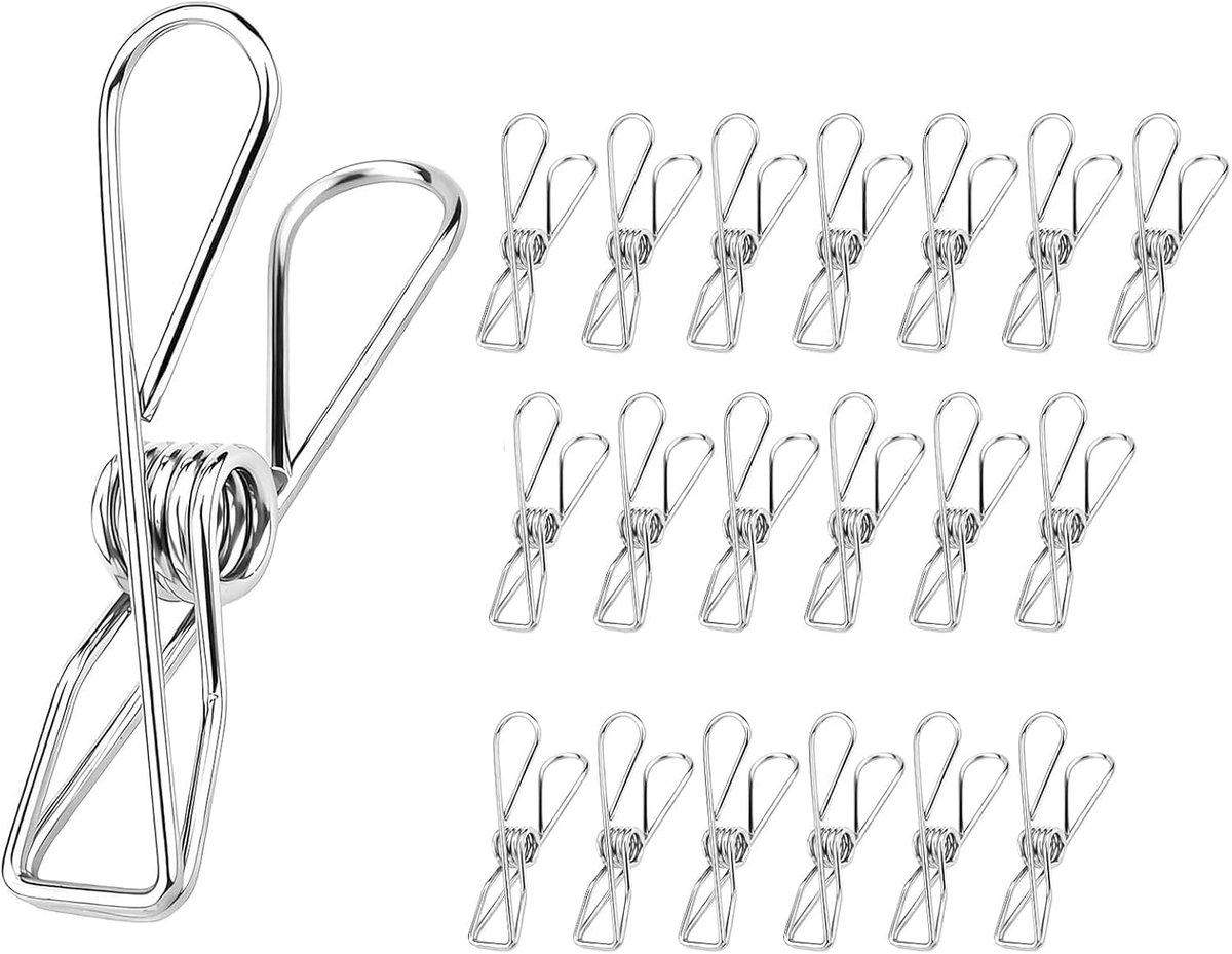Wasknijpers, 22 stuks wasknijpers, roestvrij staal, sokkenclips, metalen klemmen voor handdoek, kleding, sokken, levensmiddelverzegeling, foto's (zilver)