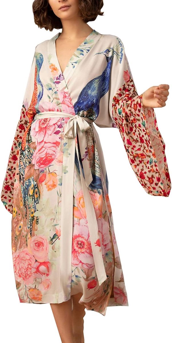 Lange zomerkaftan voor dames, maxi-boho-jurk, badjas voor strand, ruime kimono, één maat, pauw bloem, one size