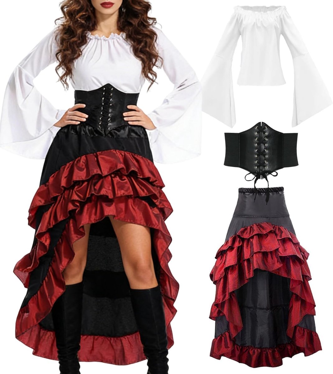 Piratenkostuumset, middeleeuwse jurk voor dames, met piratenkorset, bovenstuk, rok, carnavalskostuum voor Halloween, carnaval, cosplay