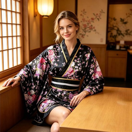 5-delige korte kimono voor dames, traditionele Japanse kimono, Sakura-print, Geisha Yukata badjas, kostuumset cosplay met accessoires — afbeelding 4