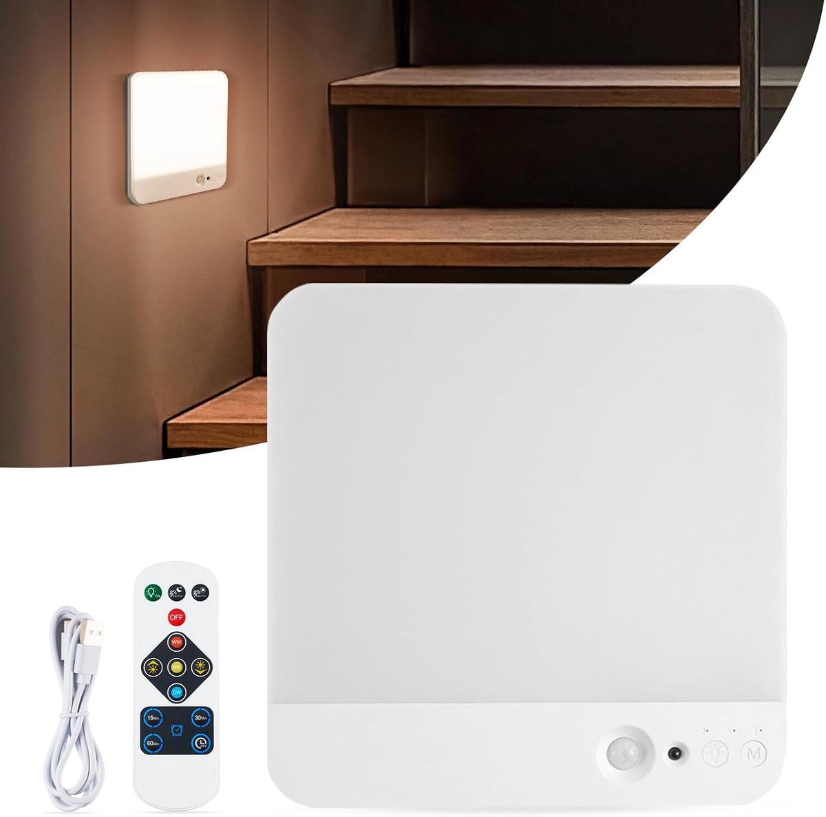 Accu-plafondlamp met bewegingsmelder zonder stroomaansluiting, werkt op batterijen, plafondlamp met afstandsbediening, 3 kleurtemperaturen, USB-oplaadbaar, vierkante lamp plafond voor hal